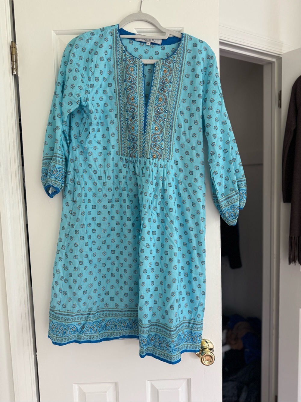 Bella Tu Teal Blue Block Printed Tunic Dress or Beach Cover-up